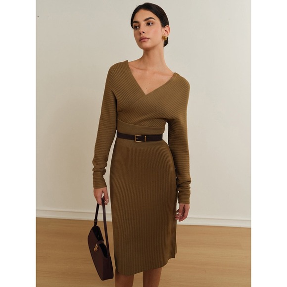 Commense Ribbed Knit Midi Dress Long Sleeve V Neck Olive Career Casual‎ size XS - Picture 5 of 14